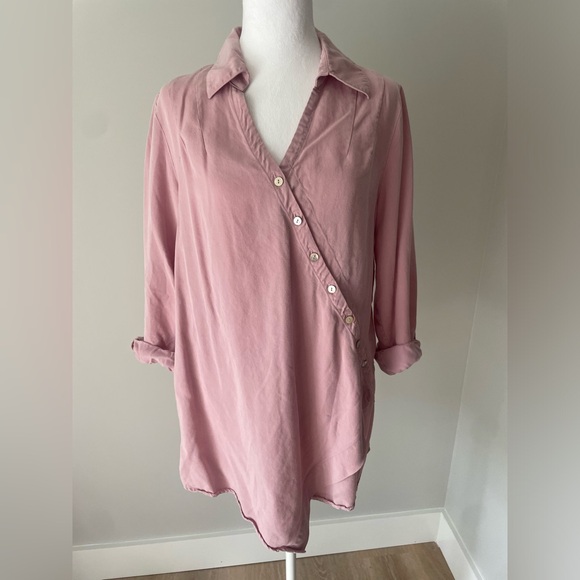 Soft Surroundings M Tencel Button Top Wrap‎ Tunic Diagonal Asymmetrical Pink Tab - Picture 2 of 11